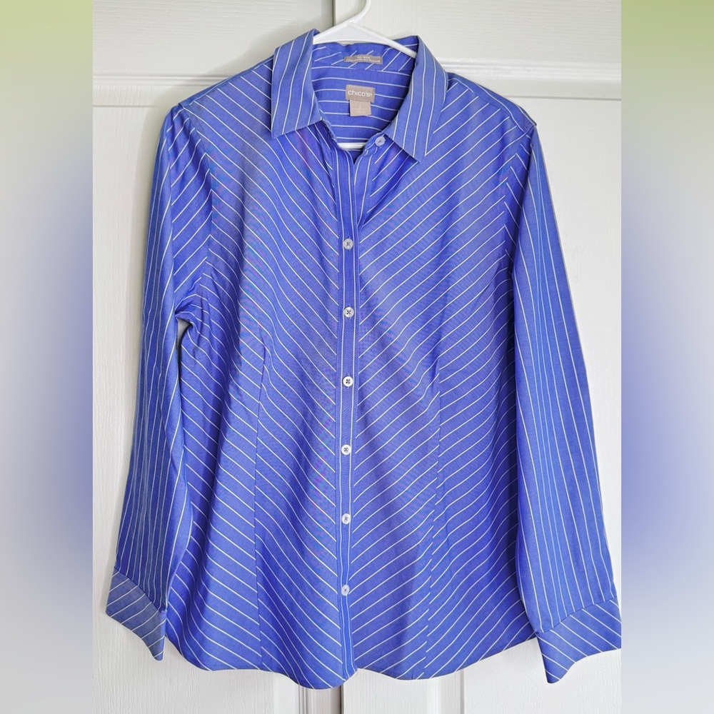 Chico’s Shirts No Iron All Season Coolmax Striped Blue White cotton Size 2 New - Picture 3 of 12